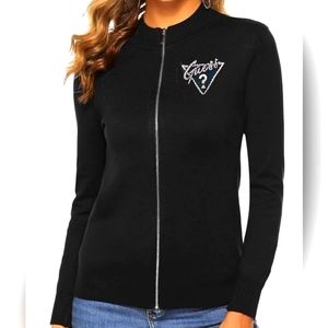 Guess Black Zip Up Long Sleeve Crew Neck Sweater Jacket Women's XL